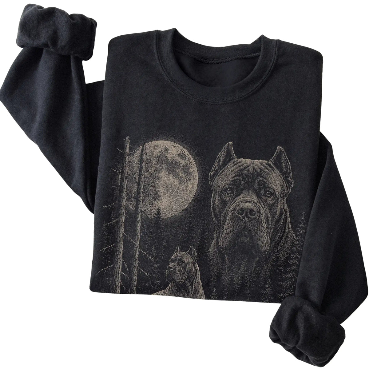 Folded black crewneck sweatshirt showing the Cane Corso Moonlit Forest graphic