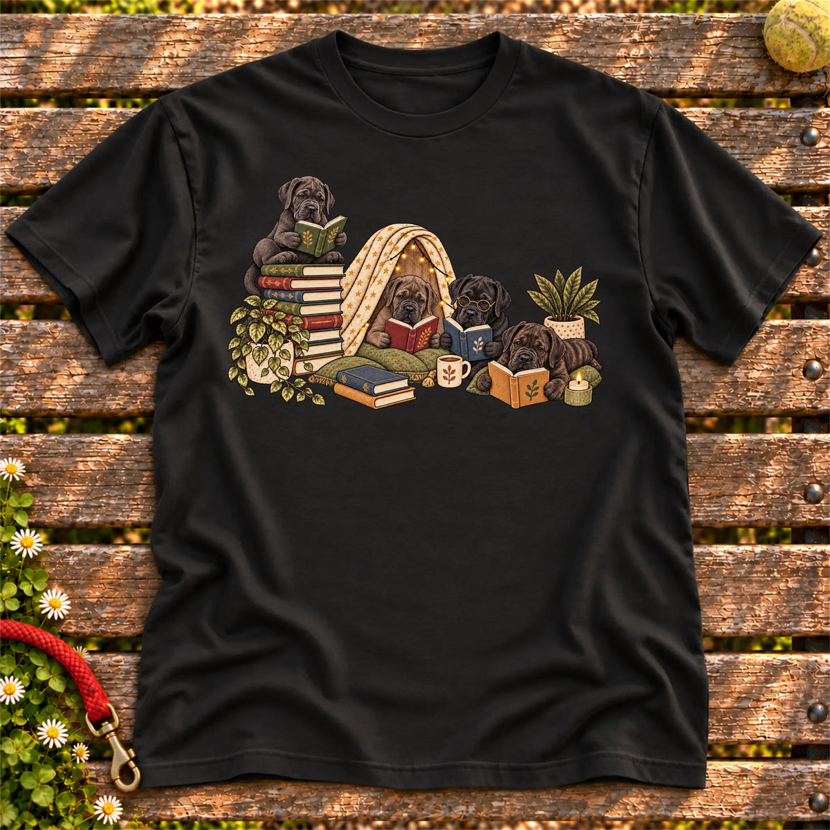 Cane Corso puppies reading books in a cozy blanket fort on a Black T-shirt