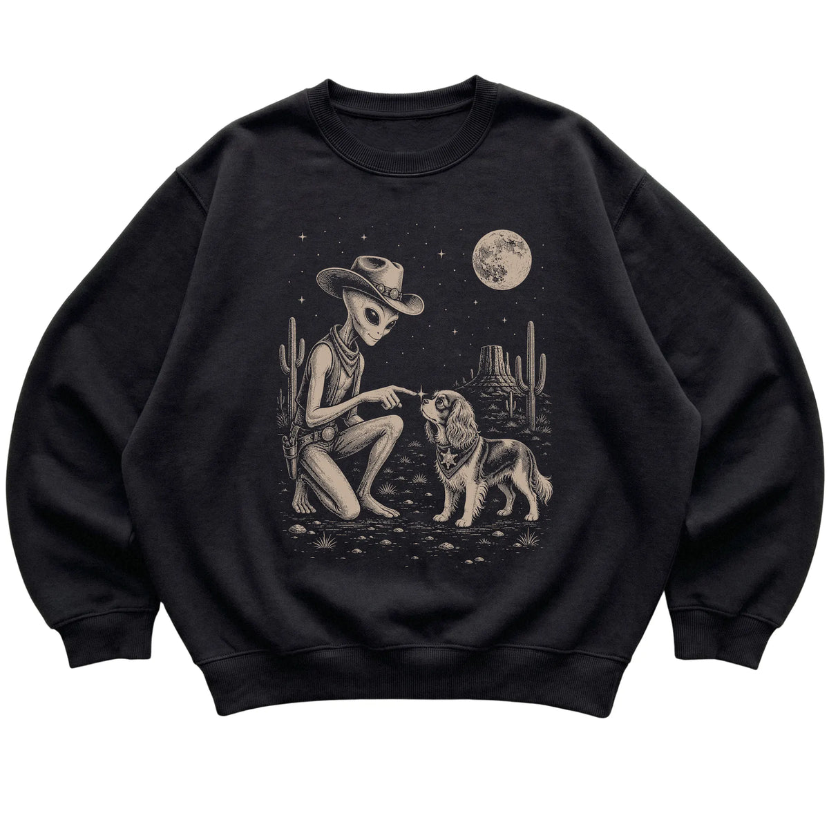 Black crewneck sweatshirt featuring Yorkie Cowboy and Alien, laid-flat presentation