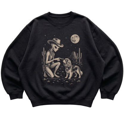 Black crewneck sweatshirt featuring Yorkie Cowboy and Alien, laid-flat presentation