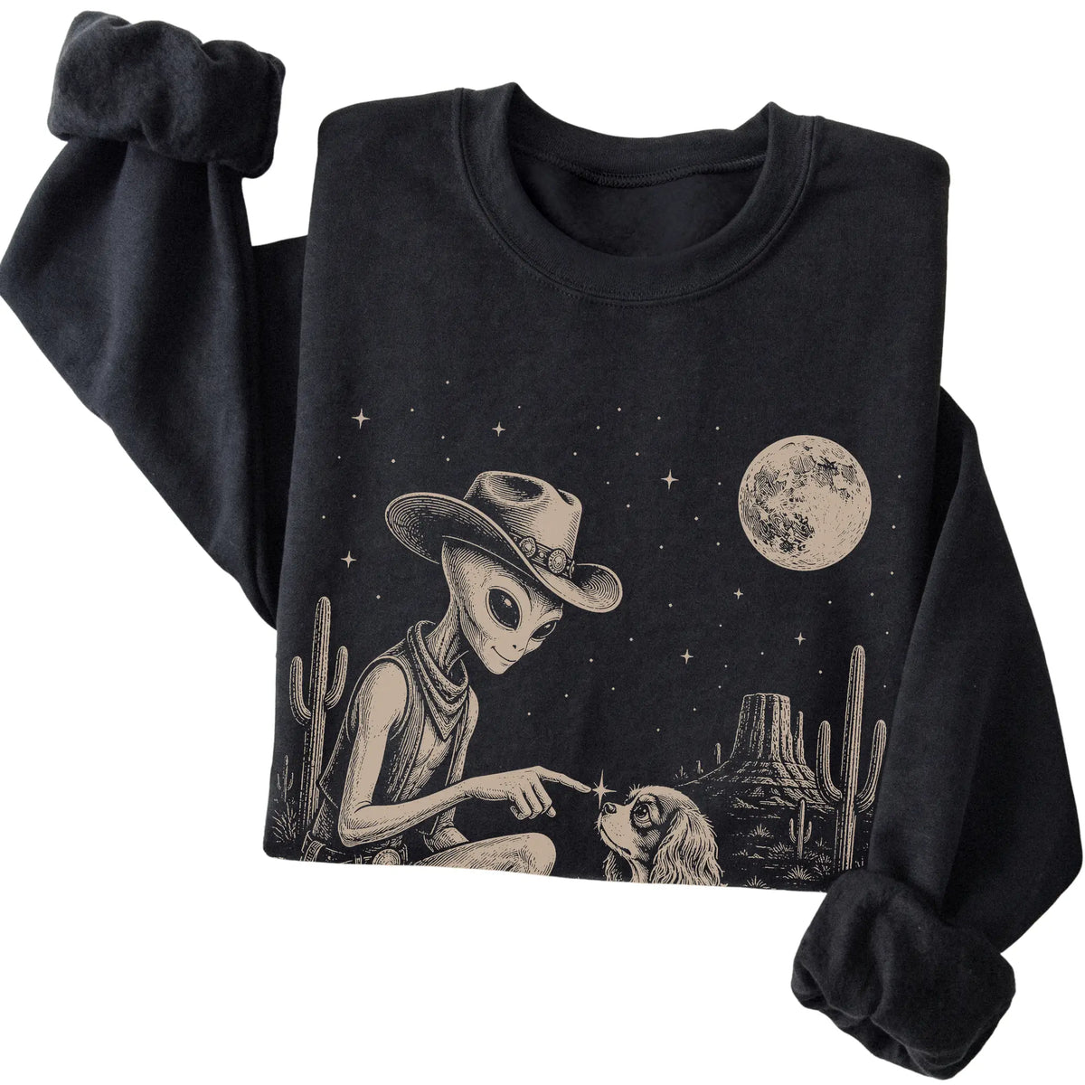 Black crewneck sweatshirt featuring Yorkie Cowboy and Alien, folded presentation