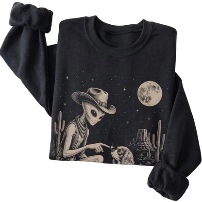 Black crewneck sweatshirt featuring Yorkie Cowboy and Alien, folded presentation