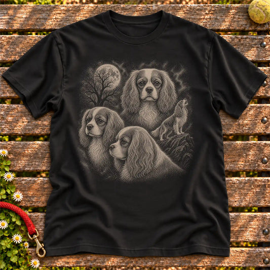 Cavalier King Charles Spaniel 90s Moon design on a Black T-shirt shown flat