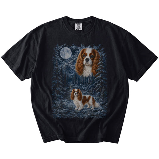 Cavalier King Charles Spaniel in a snowy winter forest on a Black t-shirt
