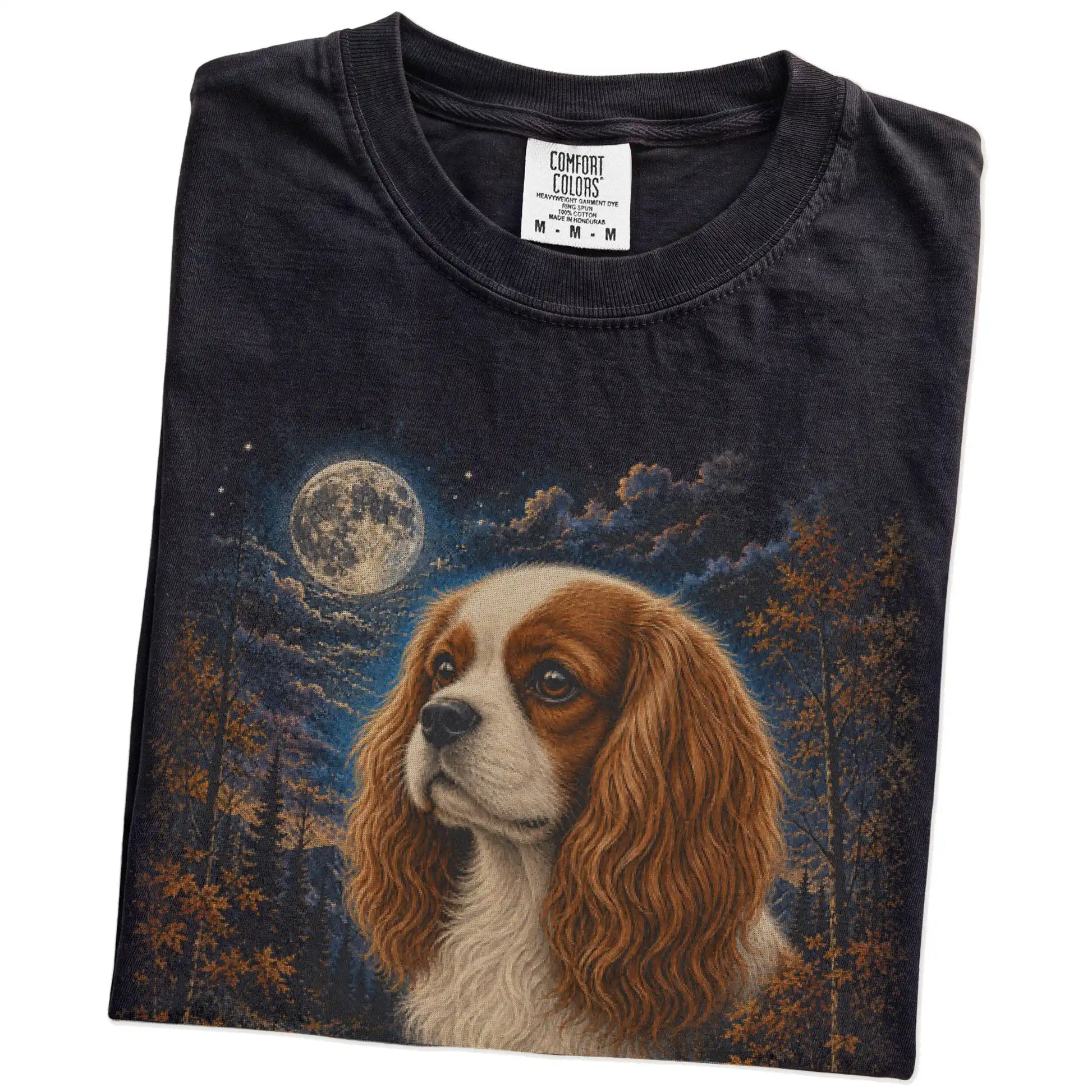 Folded Black Comfort Colors® t-shirt showing Cavalier King Charles Spaniel in a fall forest graphic