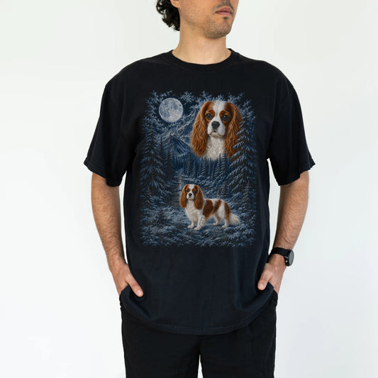 Person wearing a Black Cavalier King Charles Spaniel winter forest t-shirt