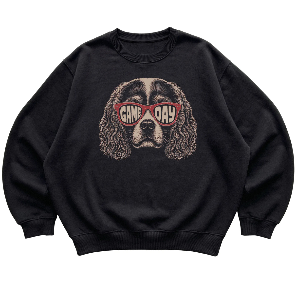 Black Cavalier King Charles Spaniel Game Day Sunglasses sweatshirt, laid flat