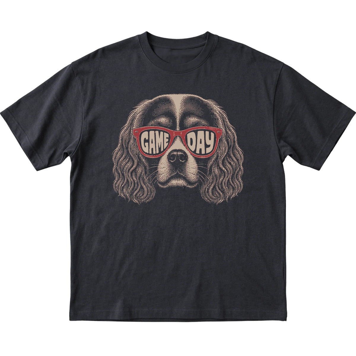 Black Cavalier King Charles Spaniel Game Day Sunglasses T-shirt, laid flat
