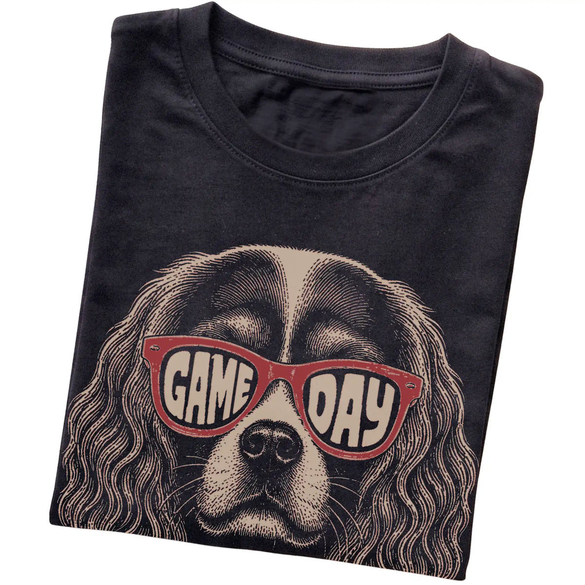 Black Cavalier King Charles Spaniel Game Day Sunglasses T-shirt, folded