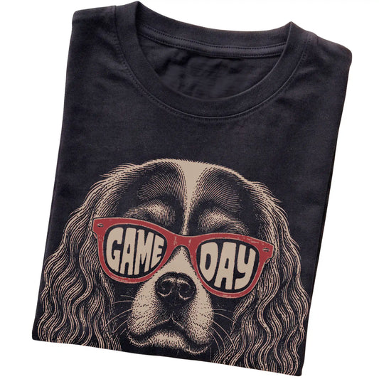 Black Cavalier King Charles Spaniel Game Day Sunglasses T-shirt, folded