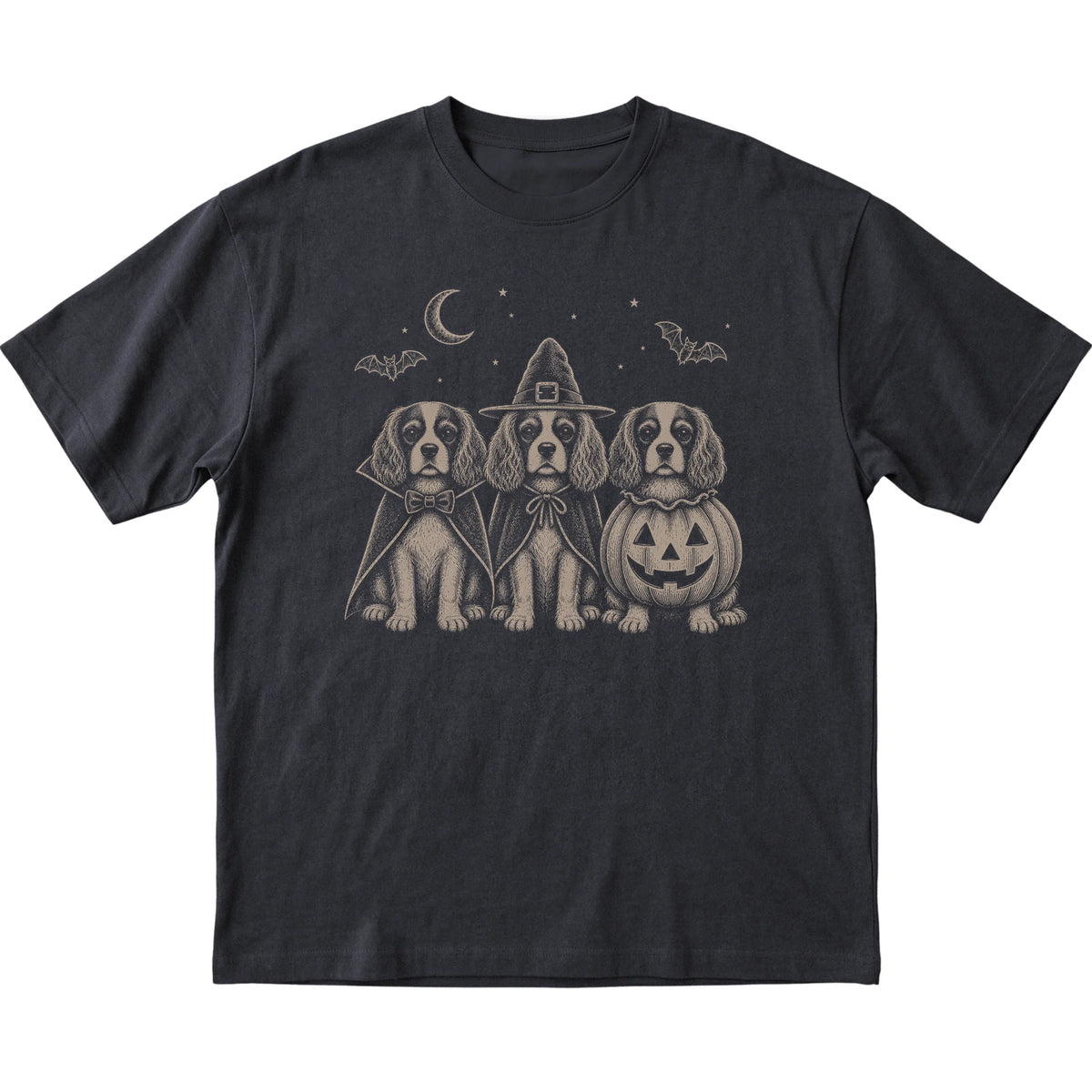 Black Cavalier King Charles Spaniel Halloween Costume T-shirt, flat view
