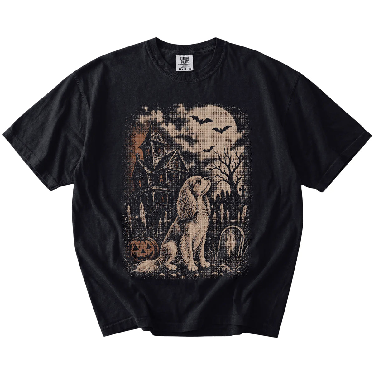 Cavalier King Charles Spaniel in a vintage haunted-house scene on a Black Comfort Colors® T-shirt