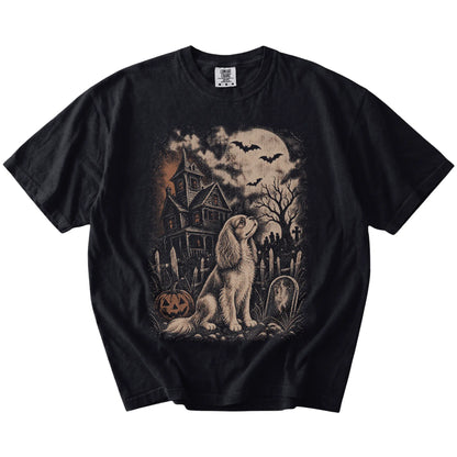 Cavalier King Charles Spaniel in a vintage haunted-house scene on a Black Comfort Colors® T-shirt