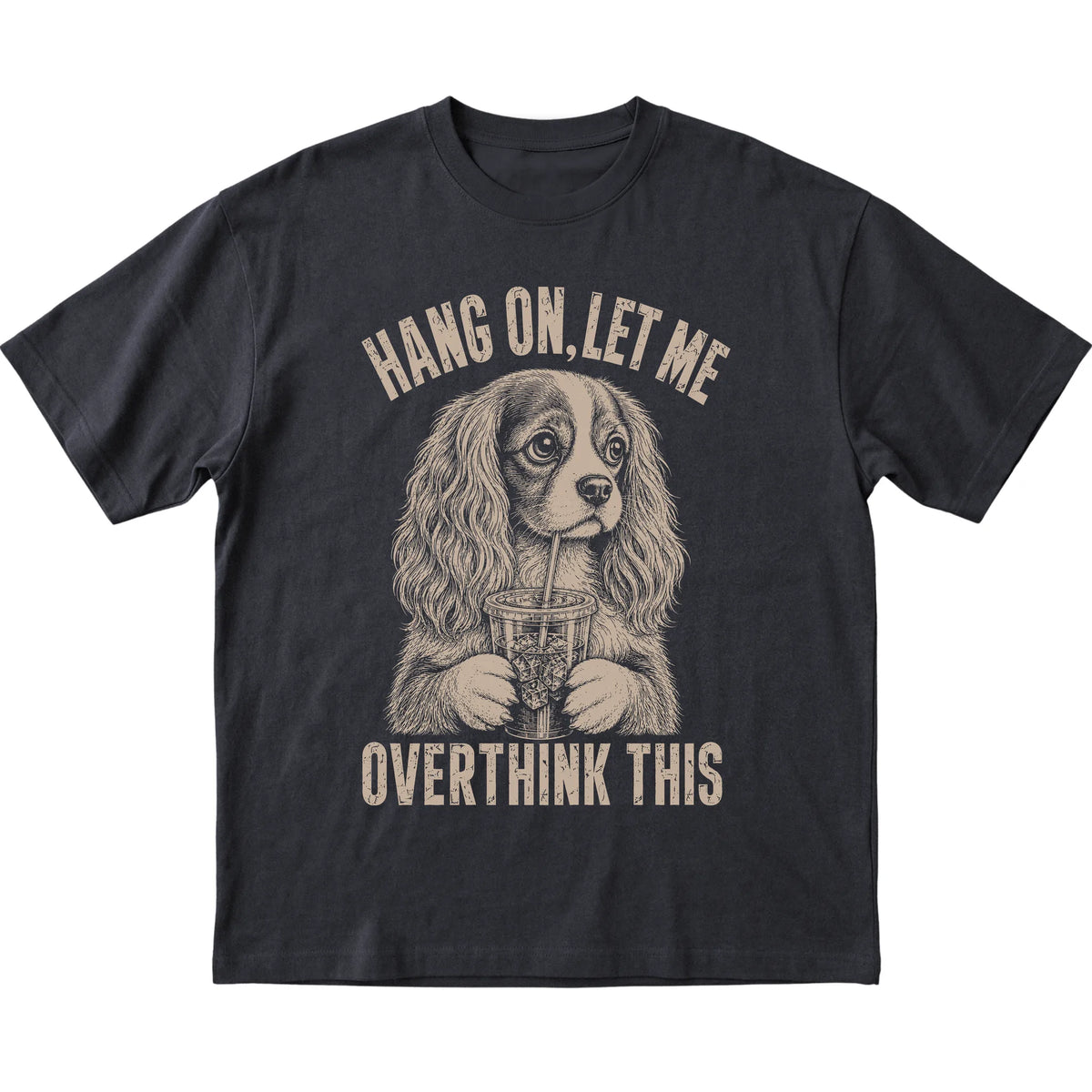 Black T-shirt featuring Overthinking Cavalier King Charles Spaniel, laid-flat presentation