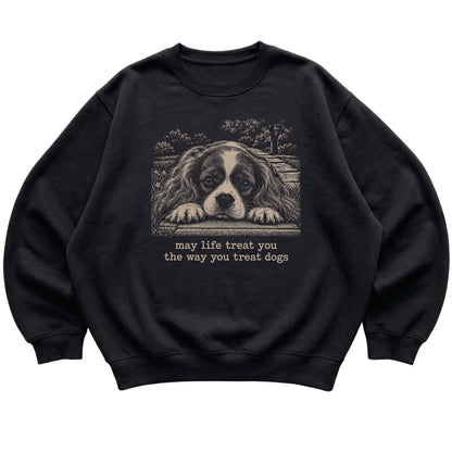 Cavalier King Charles Spaniel Karma crewneck sweatshirt in Black — Flat Lay