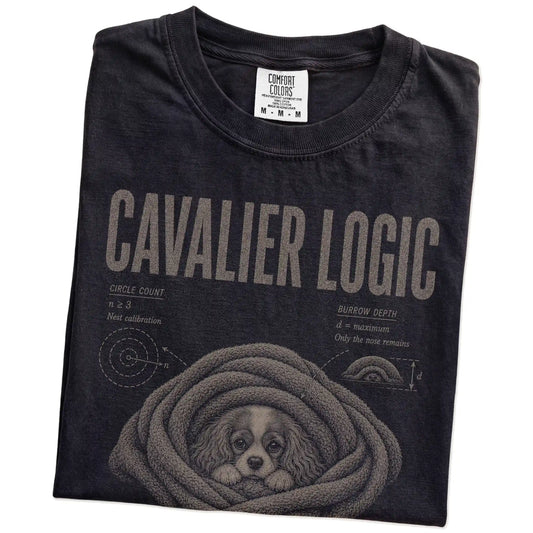 Folded Black Cavalier King Charles Spaniel Logic T-Shirt showing the graphic