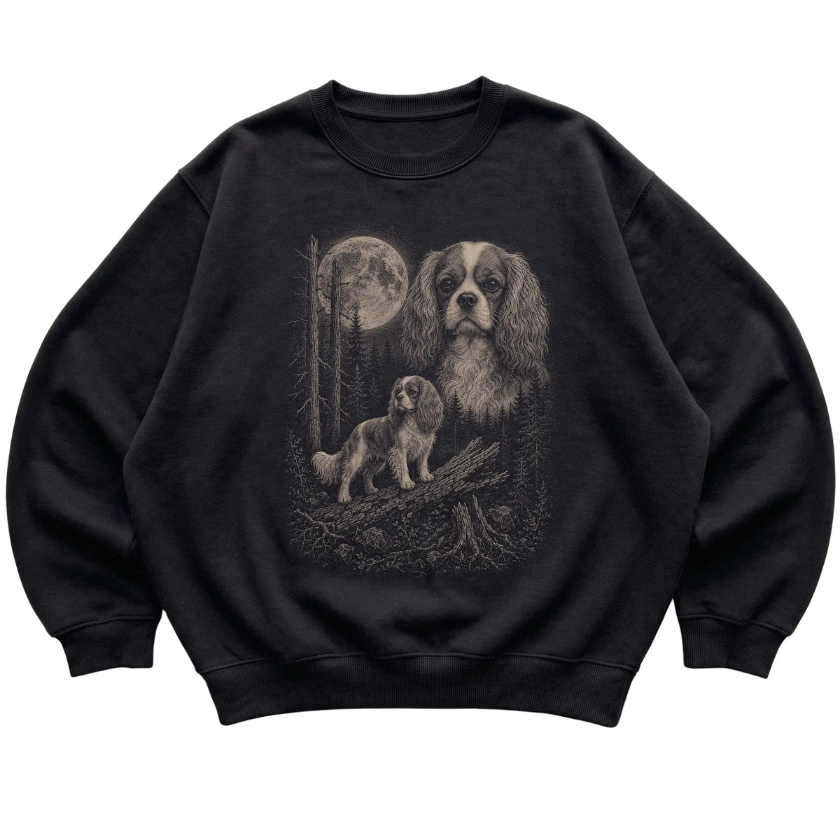 Cavalier King Charles Spaniel Moonlit Forest graphic on a black crewneck sweatshirt laid flat