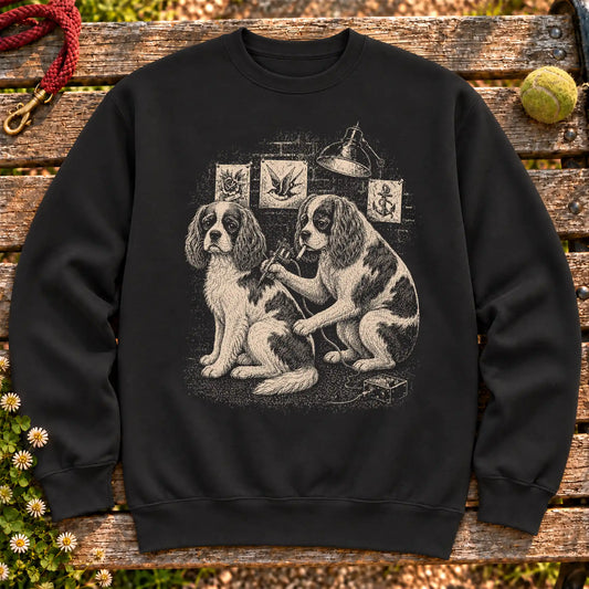 Cavalier King Charles Spaniel Tattoo on a Black crewneck sweatshirt, shown flat