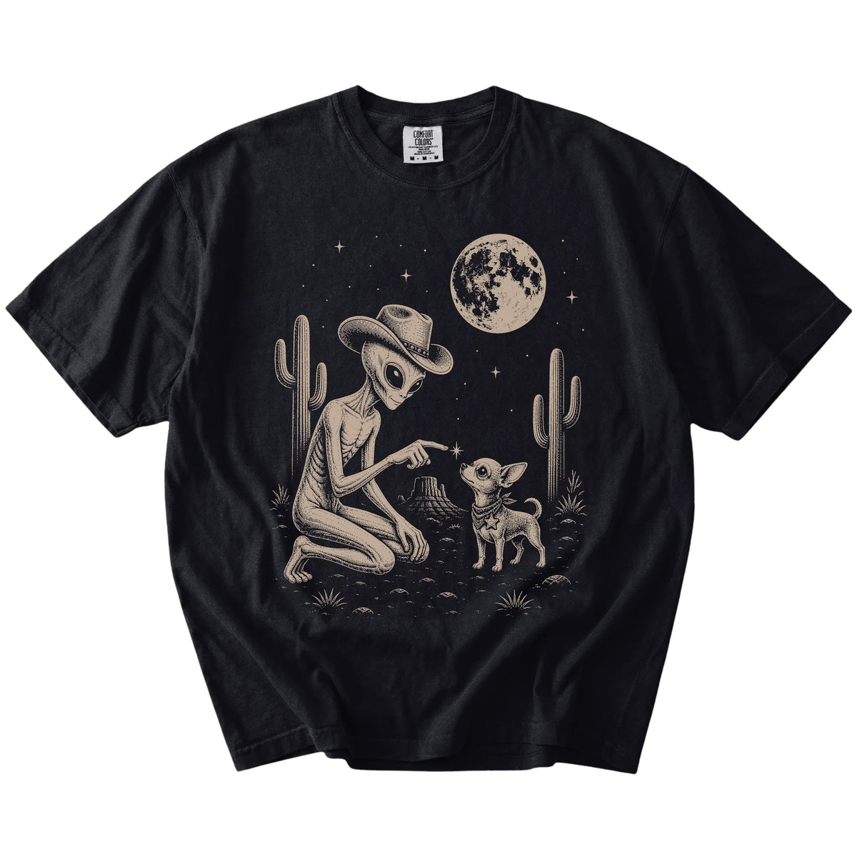 Cowboy alien fist-bumping a Chihuahua beneath the moon on a Black Comfort Colors® T-shirt