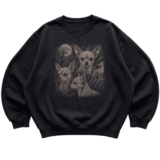 Chihuahua 90s Moon Sweatshirt in Black — flat lay