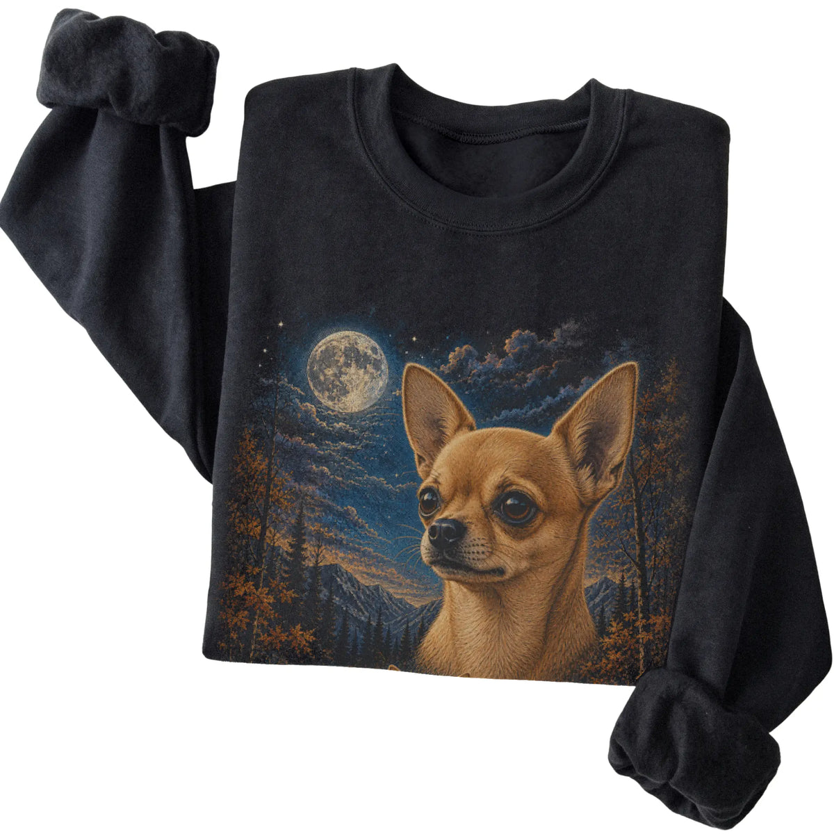 Folded black sweatshirt with Chihuahua Autumn Moon artwork.