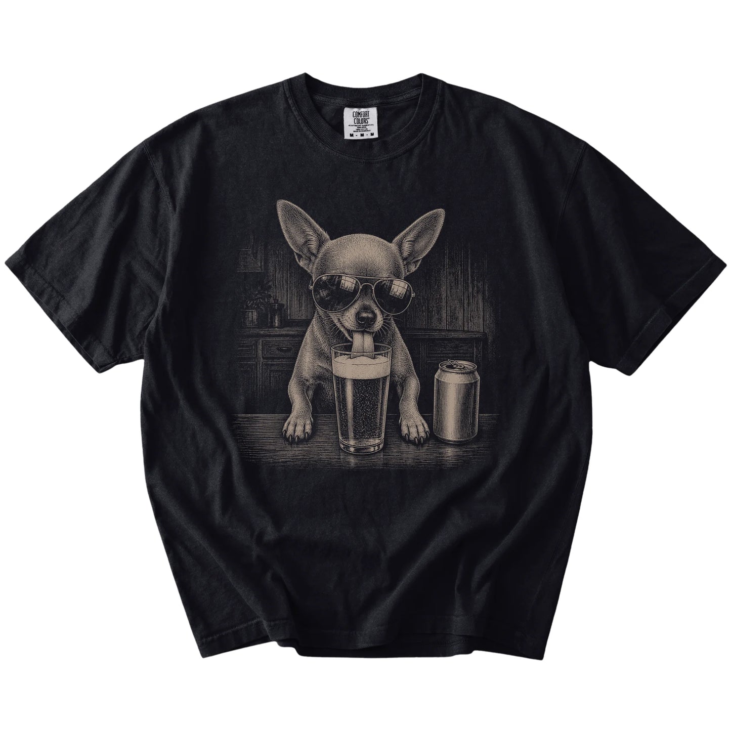 Chihuahua sneaking a drink from a foamy pint at home on a Black Comfort Colors® t-shirt