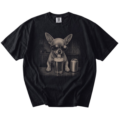 Chihuahua sneaking a drink from a foamy pint at home on a Black Comfort Colors® t-shirt