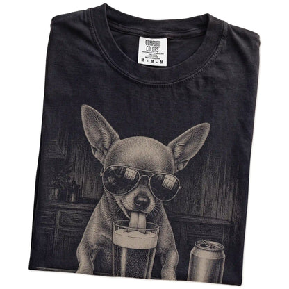 Folded Black Comfort Colors® t-shirt showing Chihuahua sneaking a drink from a pint