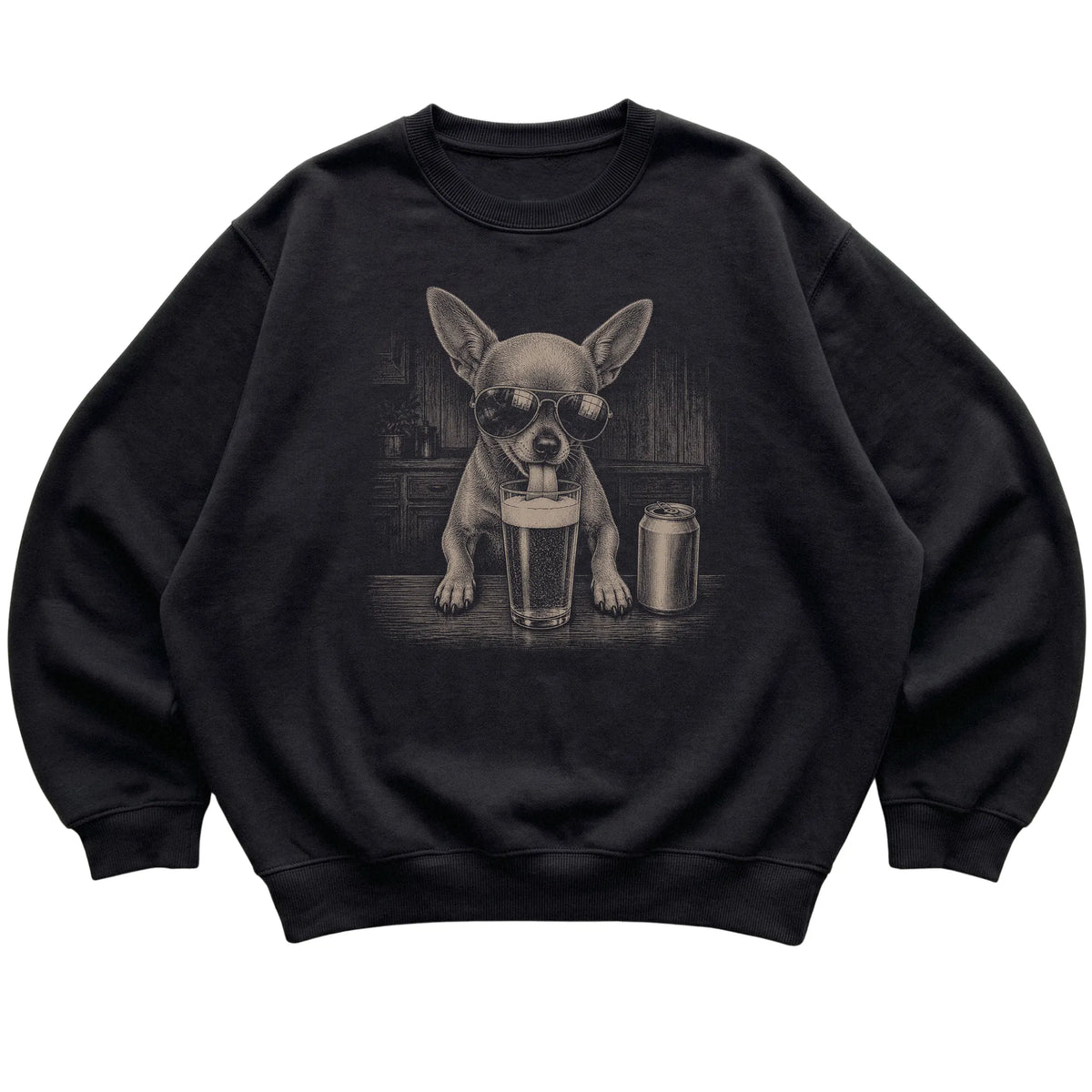 Black Chihuahua drinking from a pint at a bar, laid flat