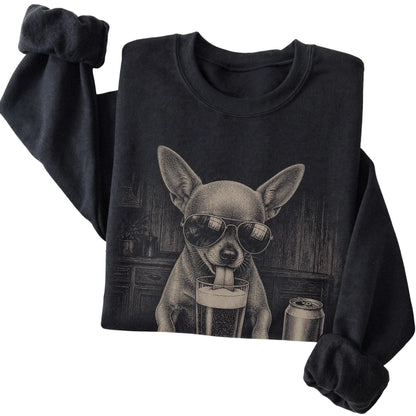 Black Chihuahua drinking from a pint at a bar, folded detail view