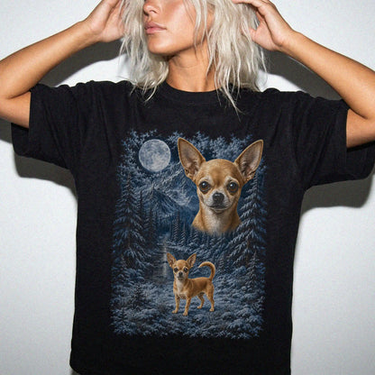 Person wearing a Black Chihuahua winter forest t-shirt