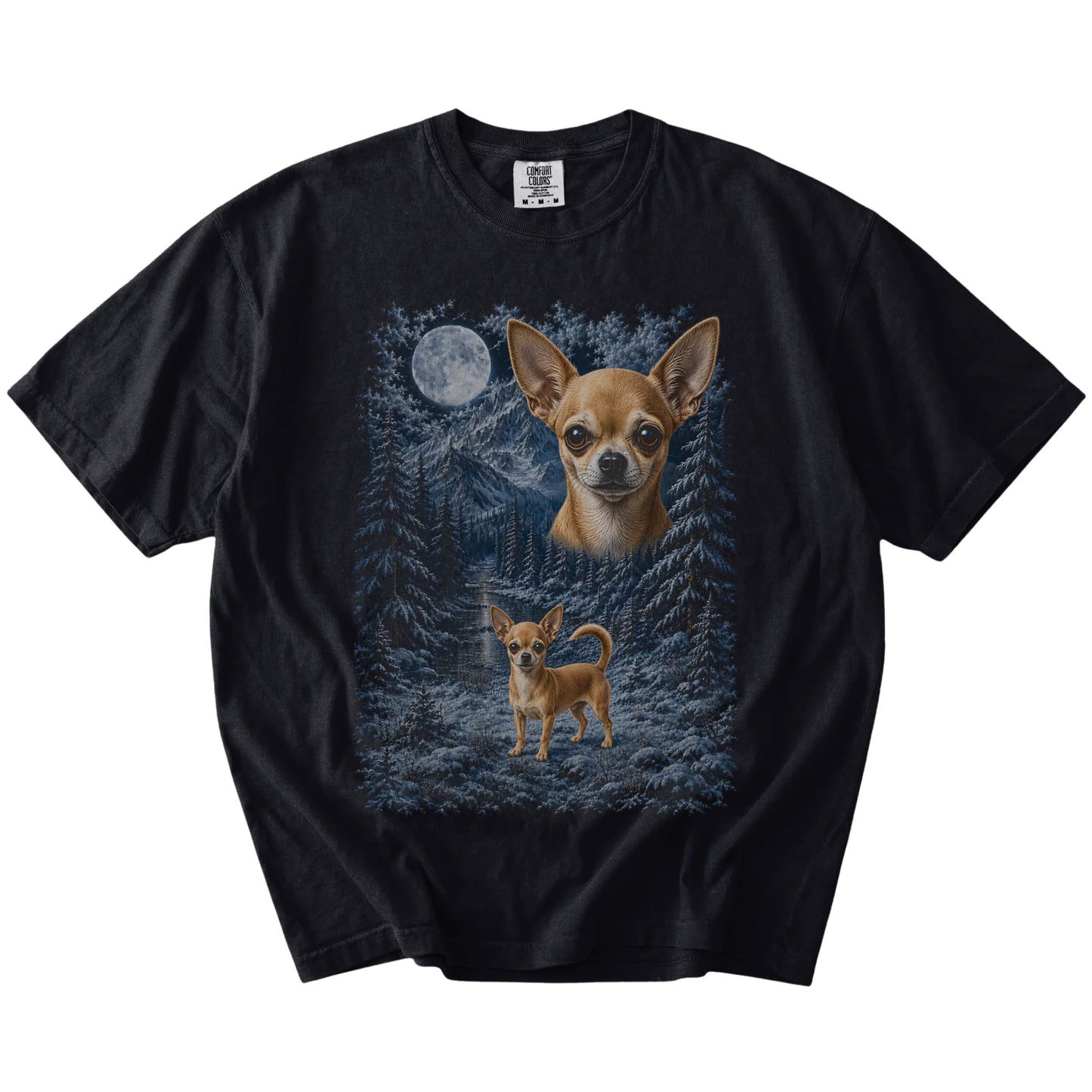 Chihuahua in a snowy winter forest on a Black t-shirt