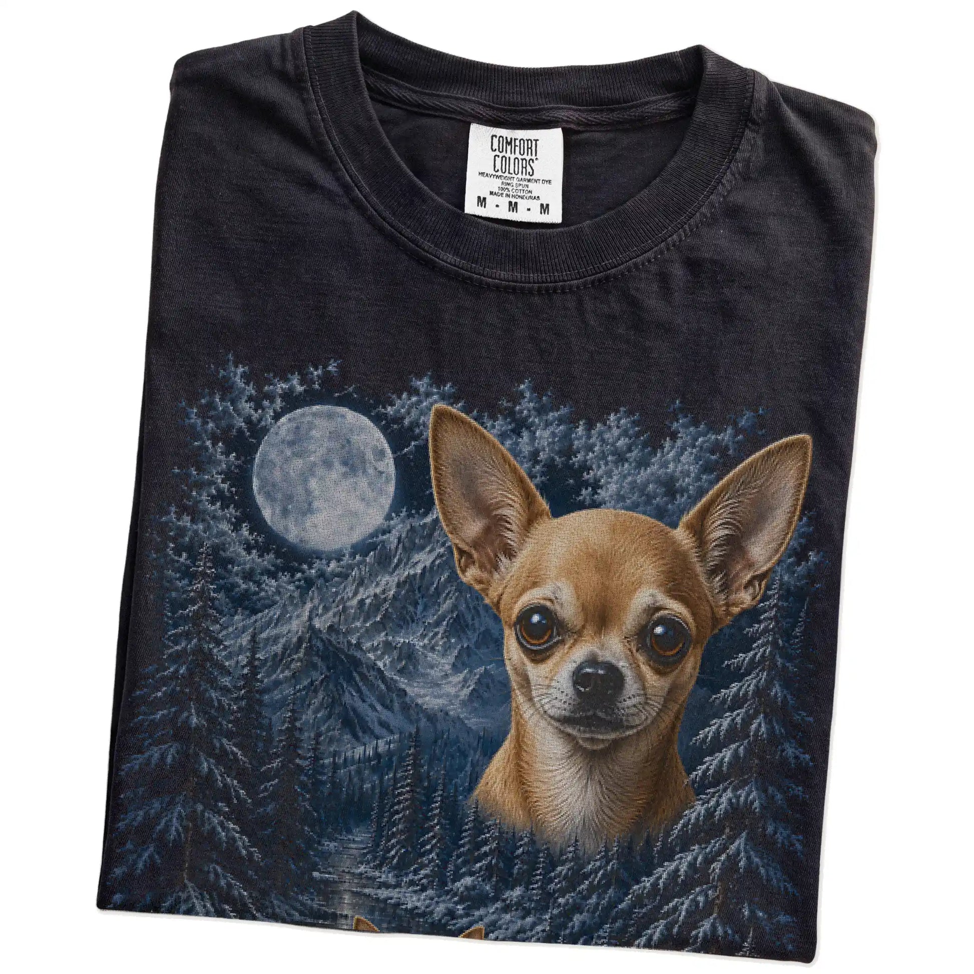 Folded Black Chihuahua winter forest t-shirt