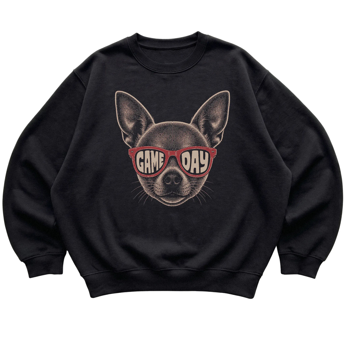 Black Chihuahua Game Day Sunglasses sweatshirt, laid flat