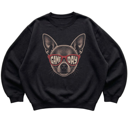 Black Chihuahua Game Day Sunglasses sweatshirt, laid flat