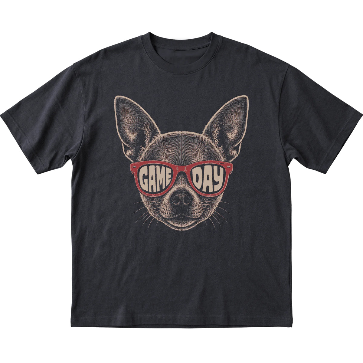 Black Chihuahua Game Day Sunglasses T-shirt, laid flat