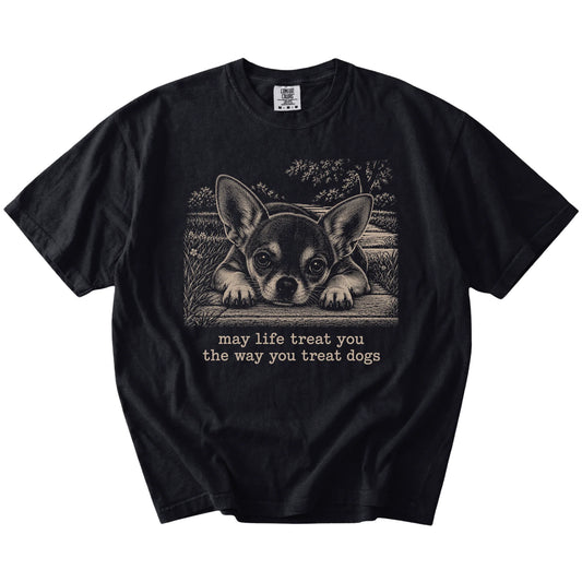 Chihuahua Karma Comfort Colors T-shirt in Black — Flat Lay