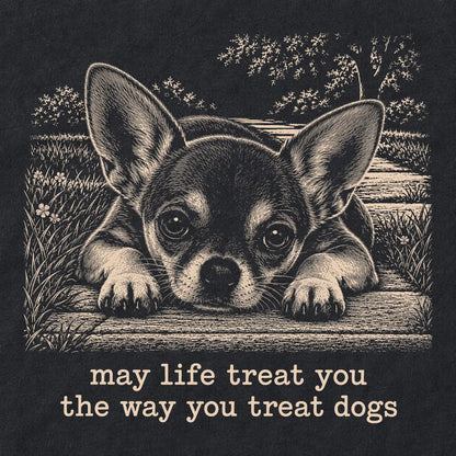 Chihuahua Karma Softstyle T-shirt in Black — Design Detail