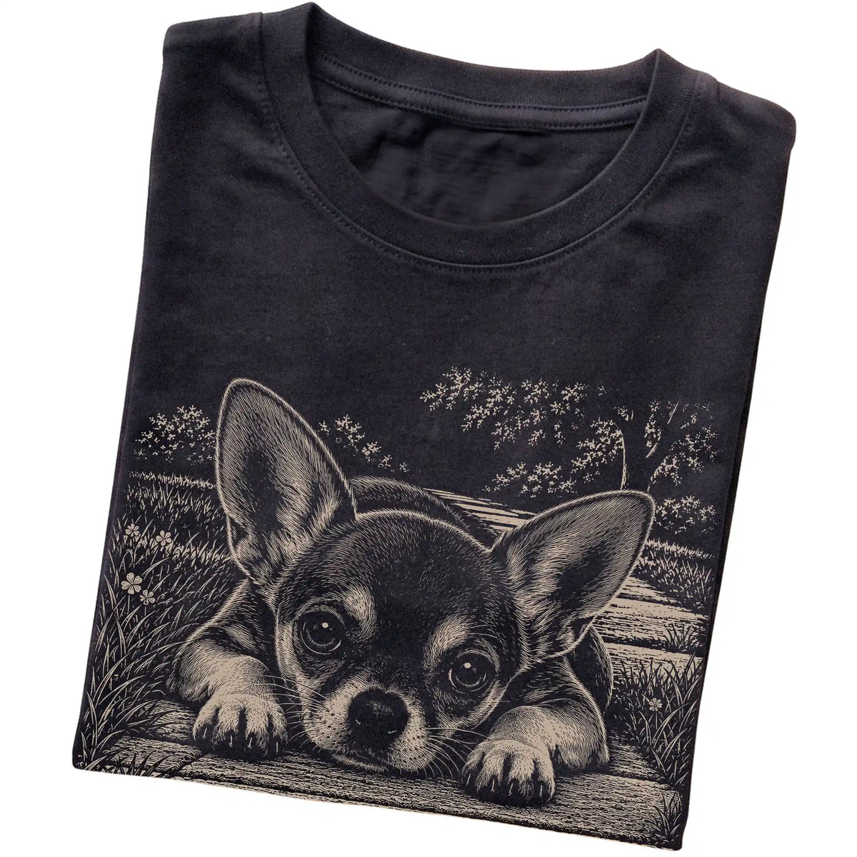 Chihuahua Karma Softstyle T-shirt in Black — Folded Detail