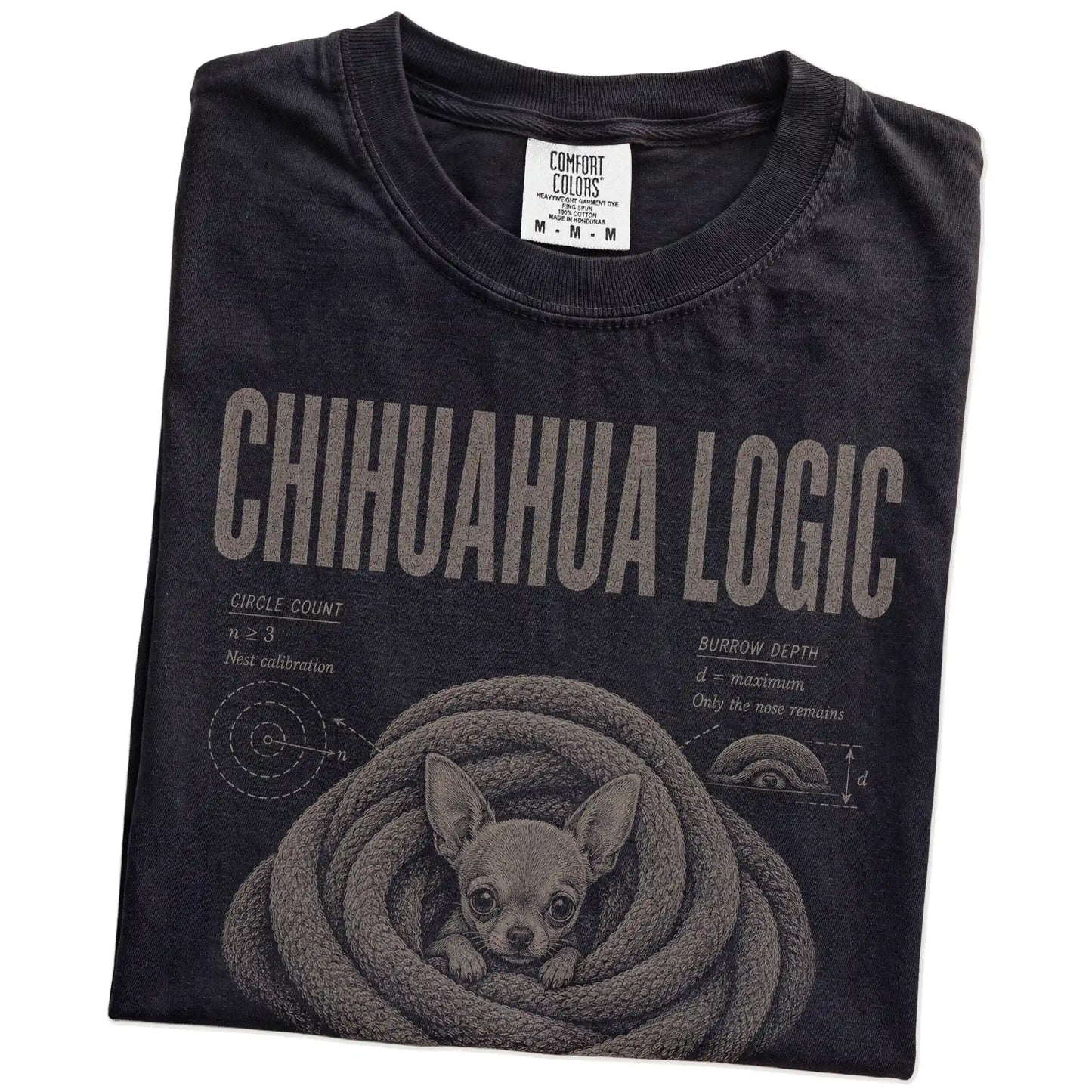 Folded Black Chihuahua Logic T-Shirt showing the graphic
