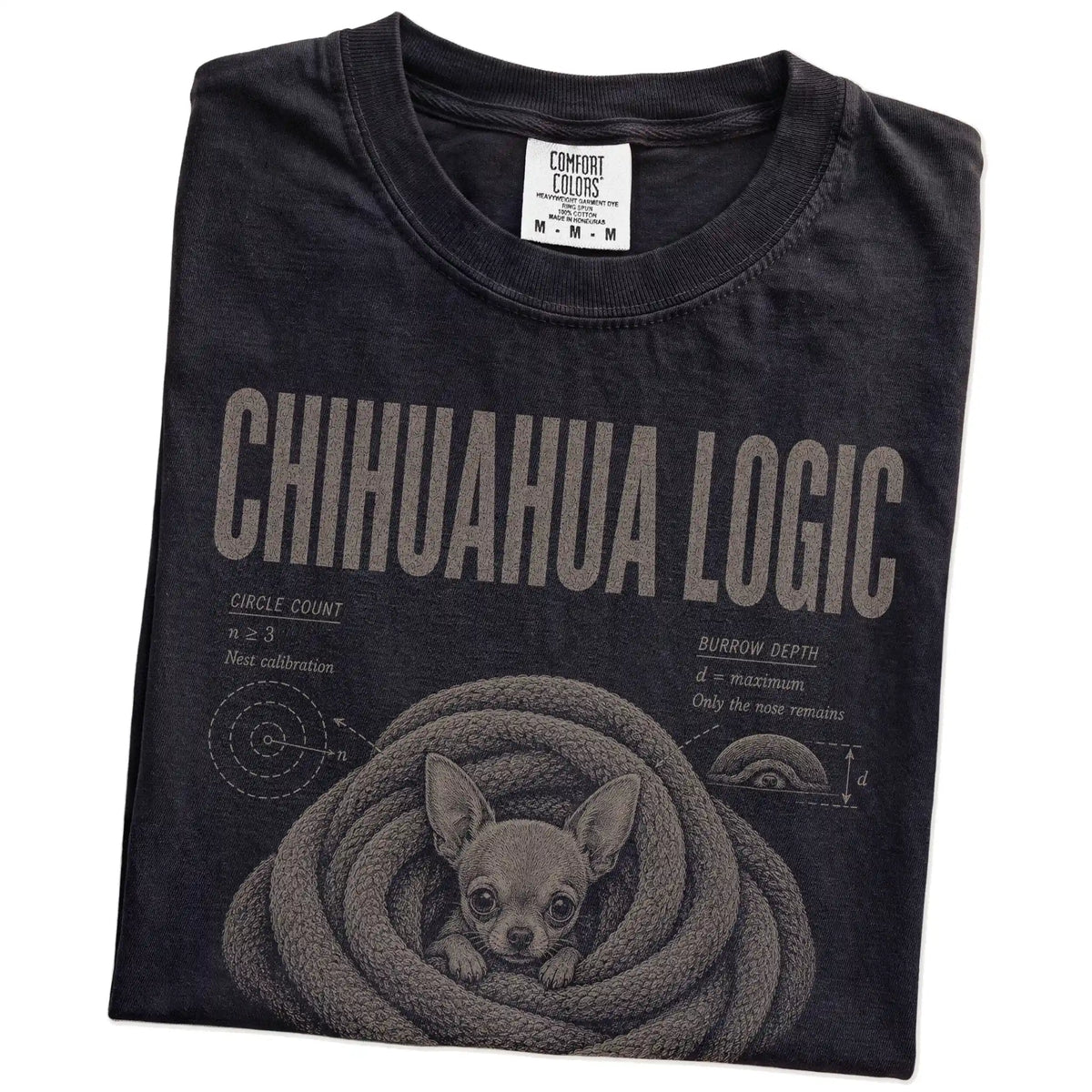 Folded Black Chihuahua Logic T-Shirt showing the graphic