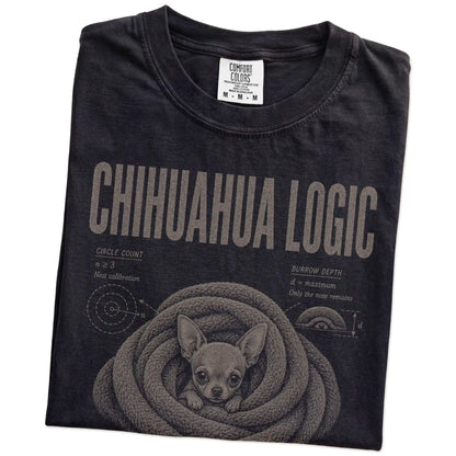 Folded Black Chihuahua Logic T-Shirt showing the graphic
