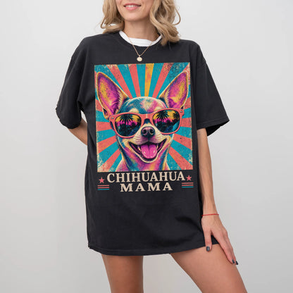 Retro Chihuahua Mama design on a Black Comfort Colors T-shirt worn by a model