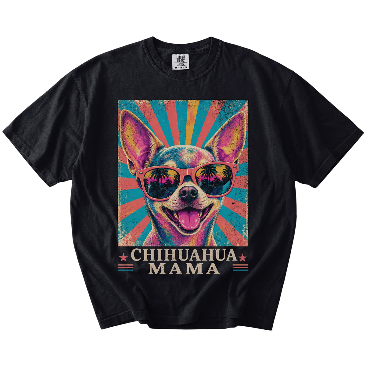 Retro Chihuahua Mama design on a Black Comfort Colors T-shirt