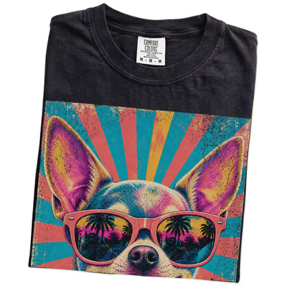 Retro Chihuahua Mama design on a Black Comfort Colors T-shirt folded detail