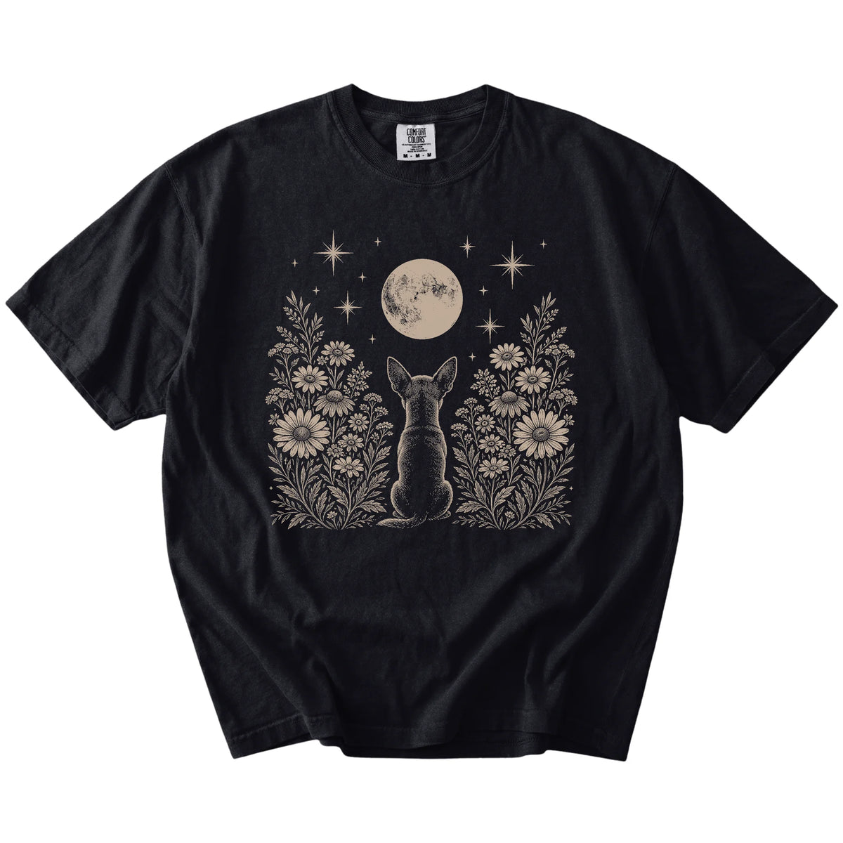 Chihuahua beneath a wildflower moon on a Black Comfort Colors® T-shirt