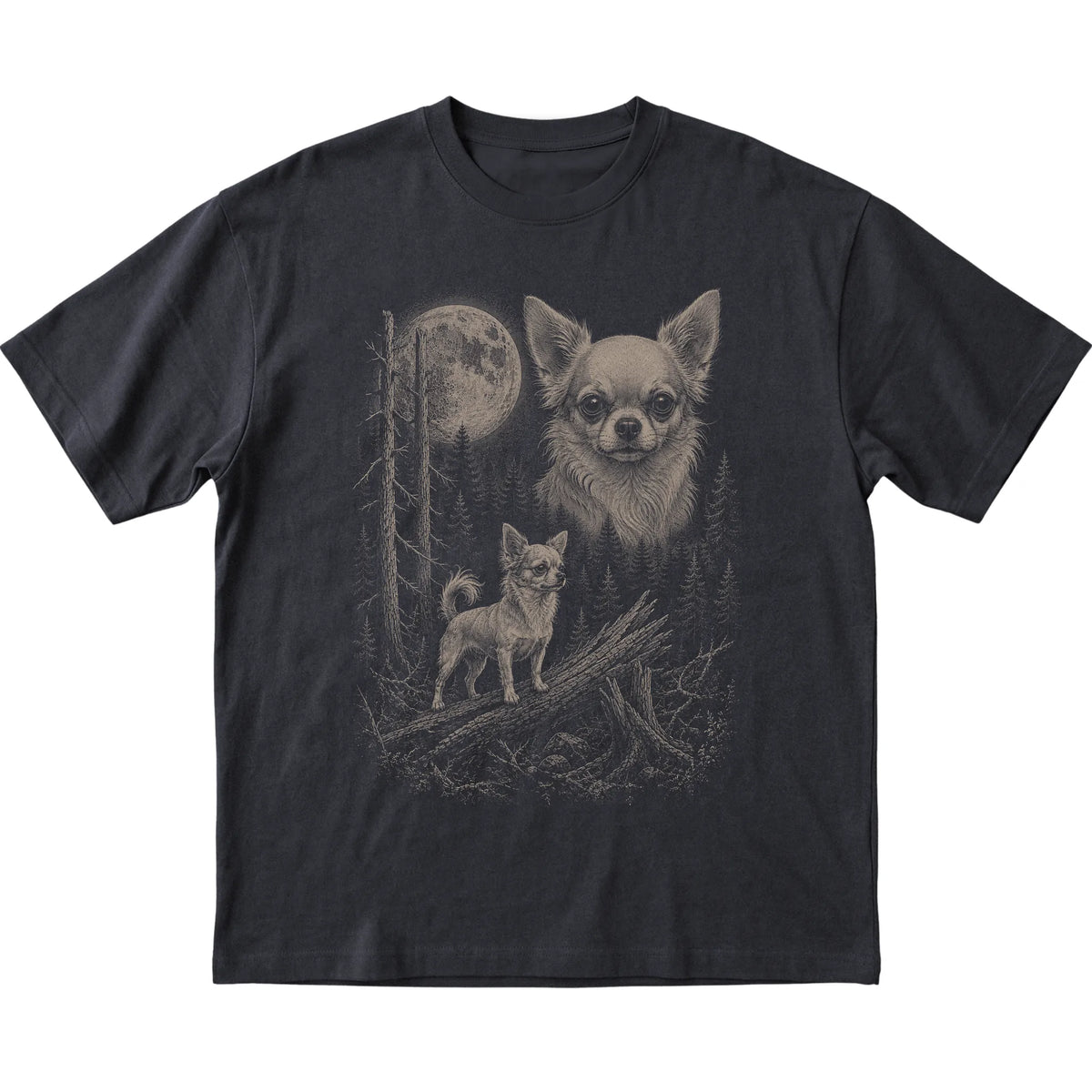 Chihuahua Moonlit Forest graphic on a black Softstyle T-shirt laid flat