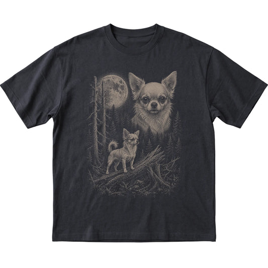 Chihuahua Moonlit Forest graphic on a black Softstyle T-shirt laid flat