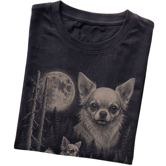 Folded black Softstyle T-shirt showing the Chihuahua Moonlit Forest graphic