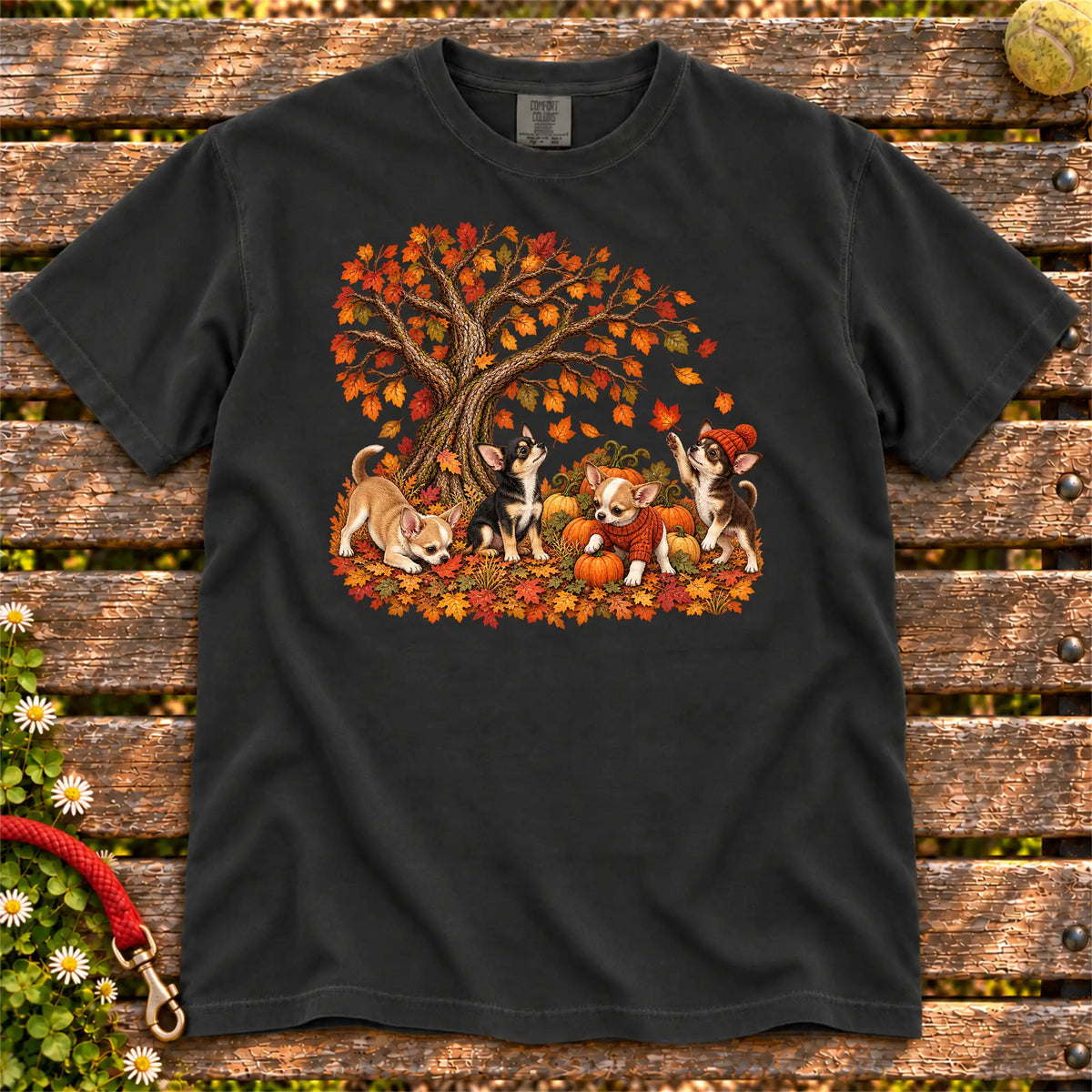 Four Chihuahua puppies with pumpkins beneath an autumn tree on a Black garment-dyed T-shirt